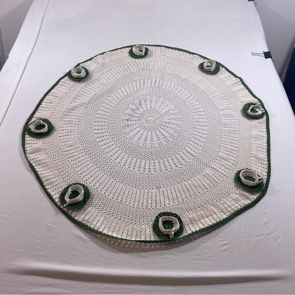 Knitted Big Doily tea cups and saucers knitted green and ivory white 38” doily